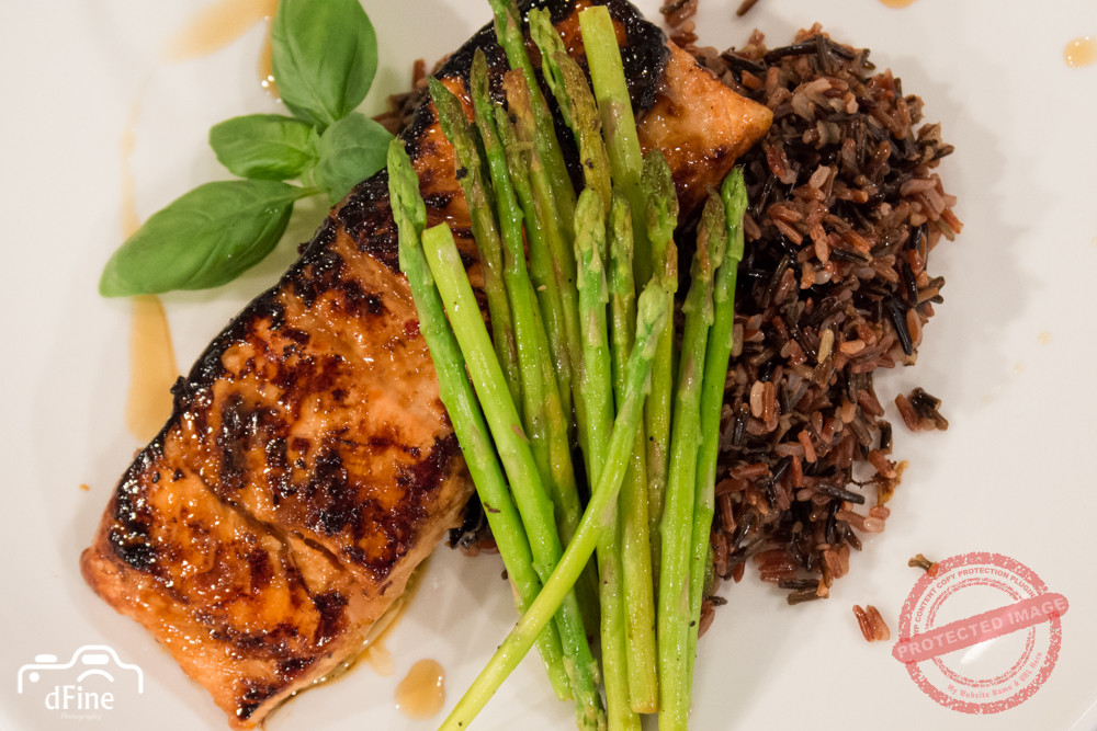 Ginger and soy glazed salmon with panfried asparagus and wild rice