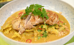 curried cabbage with coconut chicken