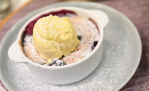 Blueberry and lemon cobbler with vanilla ice-cream