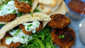 Spicy meatball pockets with mango chutney and minted yogurt