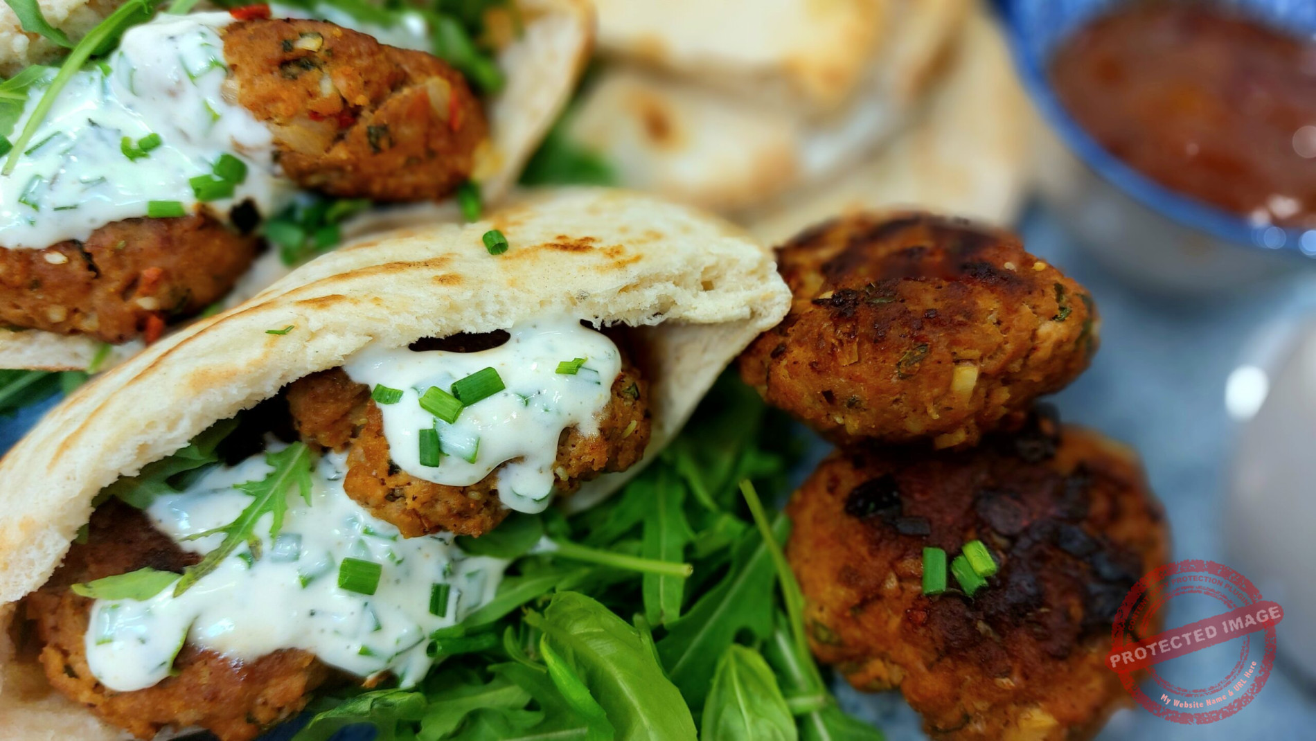 Spicy meatball pockets with mango chutney and minted yogurt
