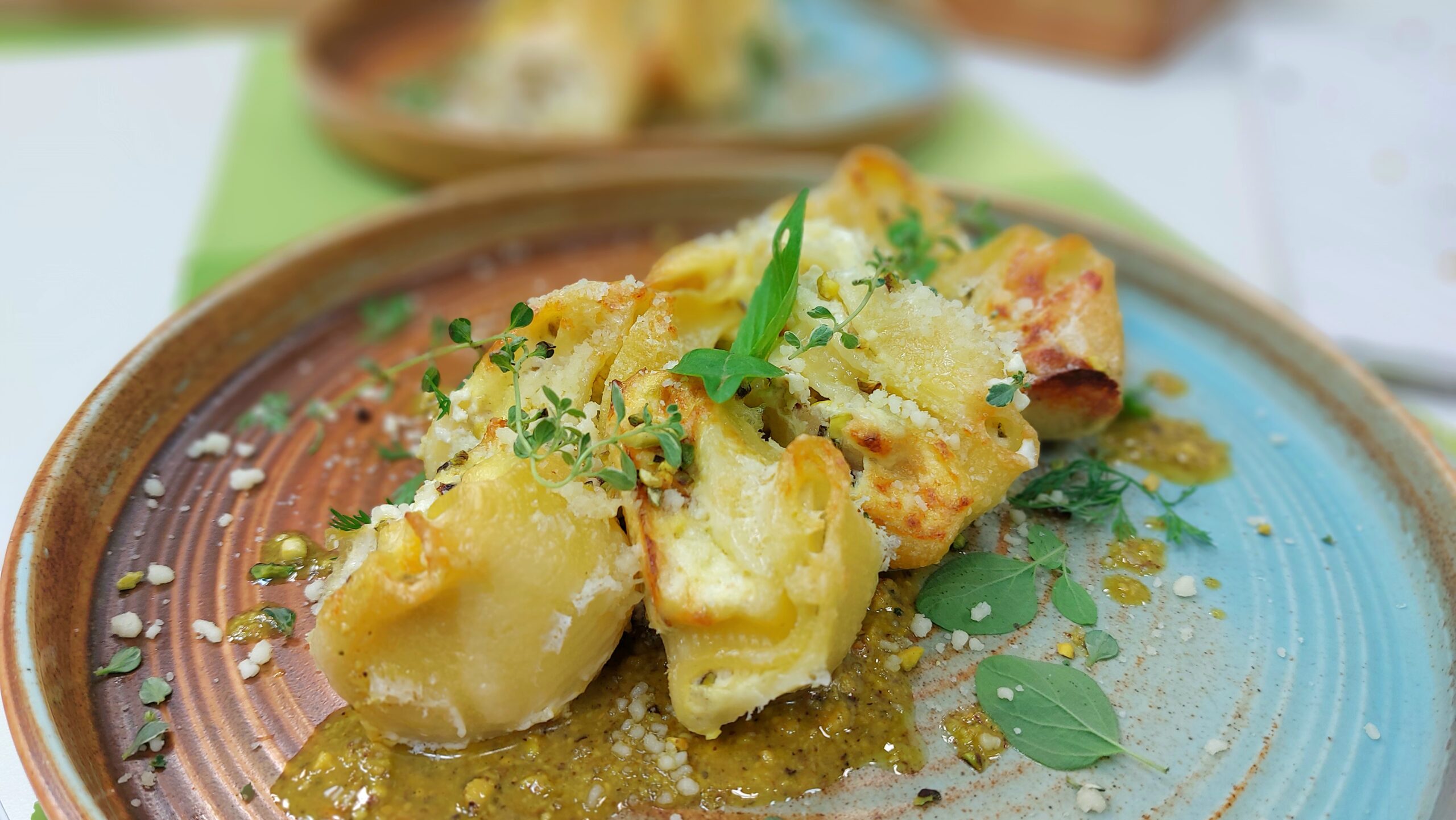 3 cheese stuffed pasta shells with pear and pistachios