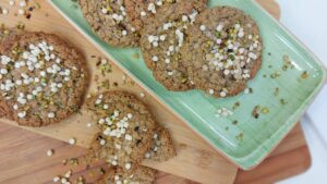Oat and Almond biscuits with pistachios and white chocolate